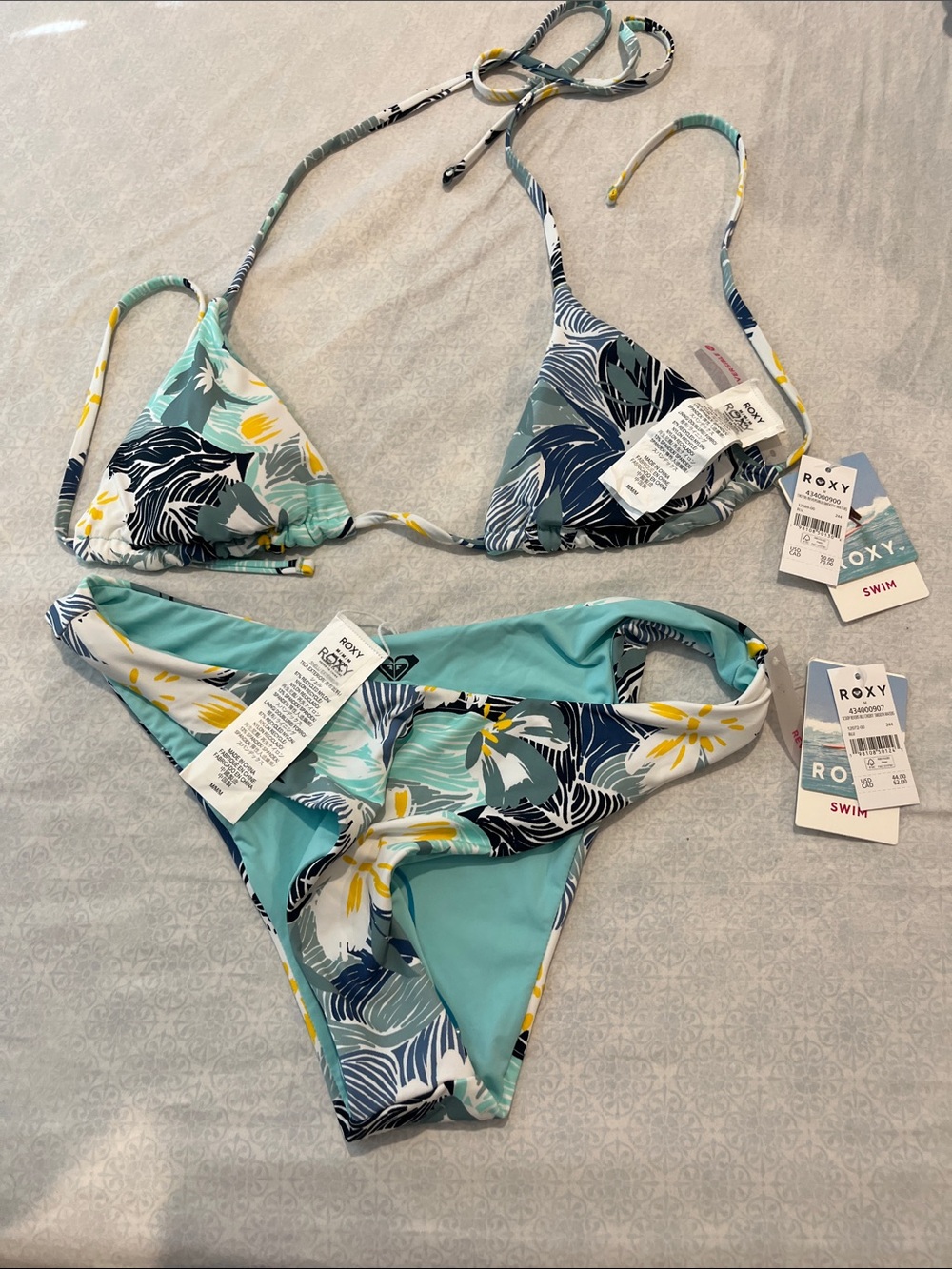Roxy Teal Floral Triangle Bikini with Yellow Accents—-reversible